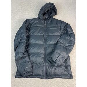 Eddie Bauer Jacket Mens Medium Black EB650 Hooded Wide Channel Down Puffer